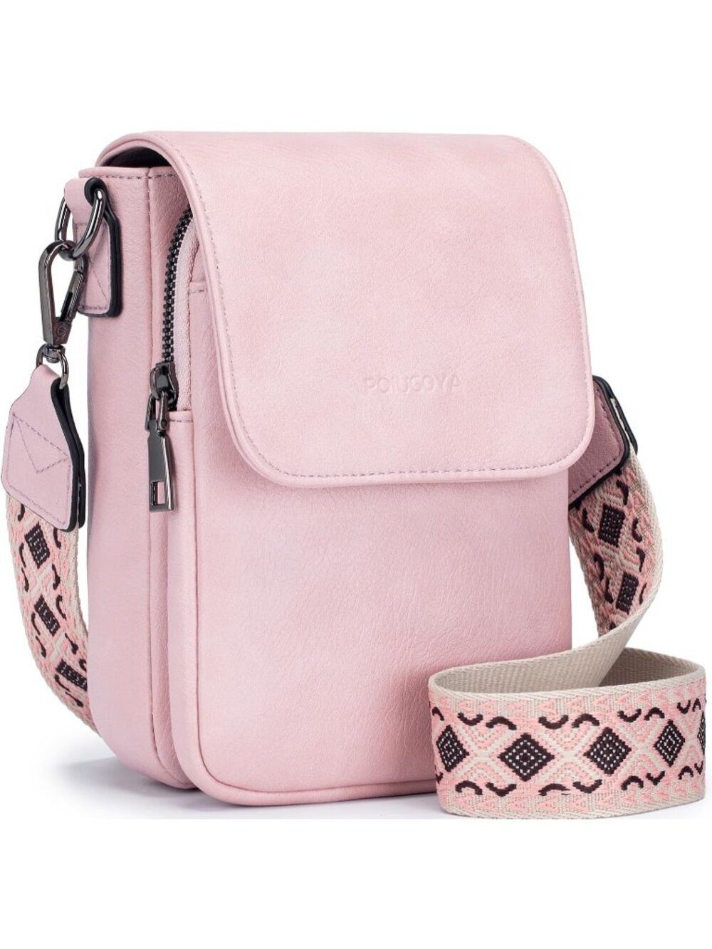 POIUGOYA Women's Pink Leather Triple Compartment Cell Phone Crossbody Bags
